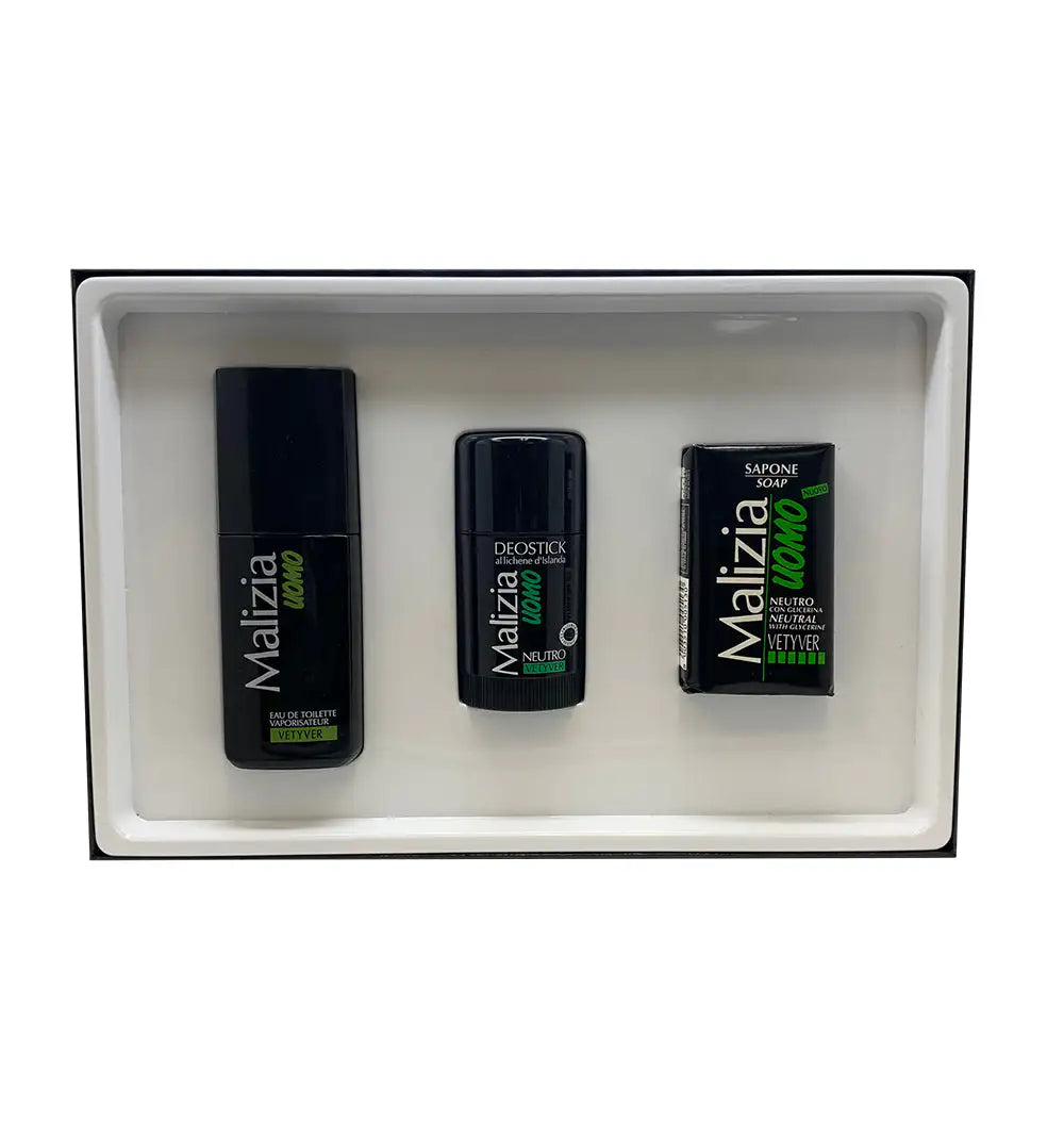 Malizia Uomo Vetyver Mirato Pour Homme Eau de Toilette  75 ml / 2.5 oz Ensemble Cadeau Trois Produits      MIRATO