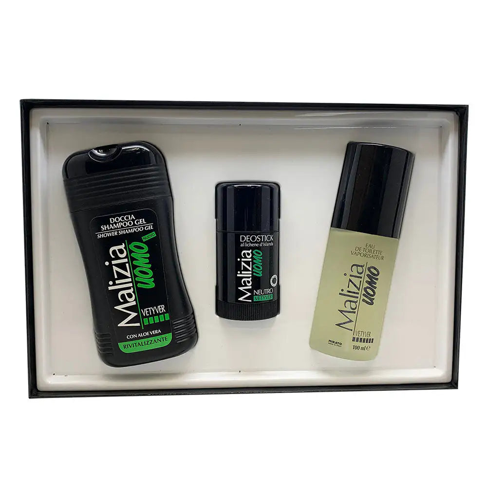 Malizia Uomo Vetyver Mirato Pour Homme Eau de Toilette  100 ml / 3.4 oz Ensemble Cadeau Trois Produits      MIRATO