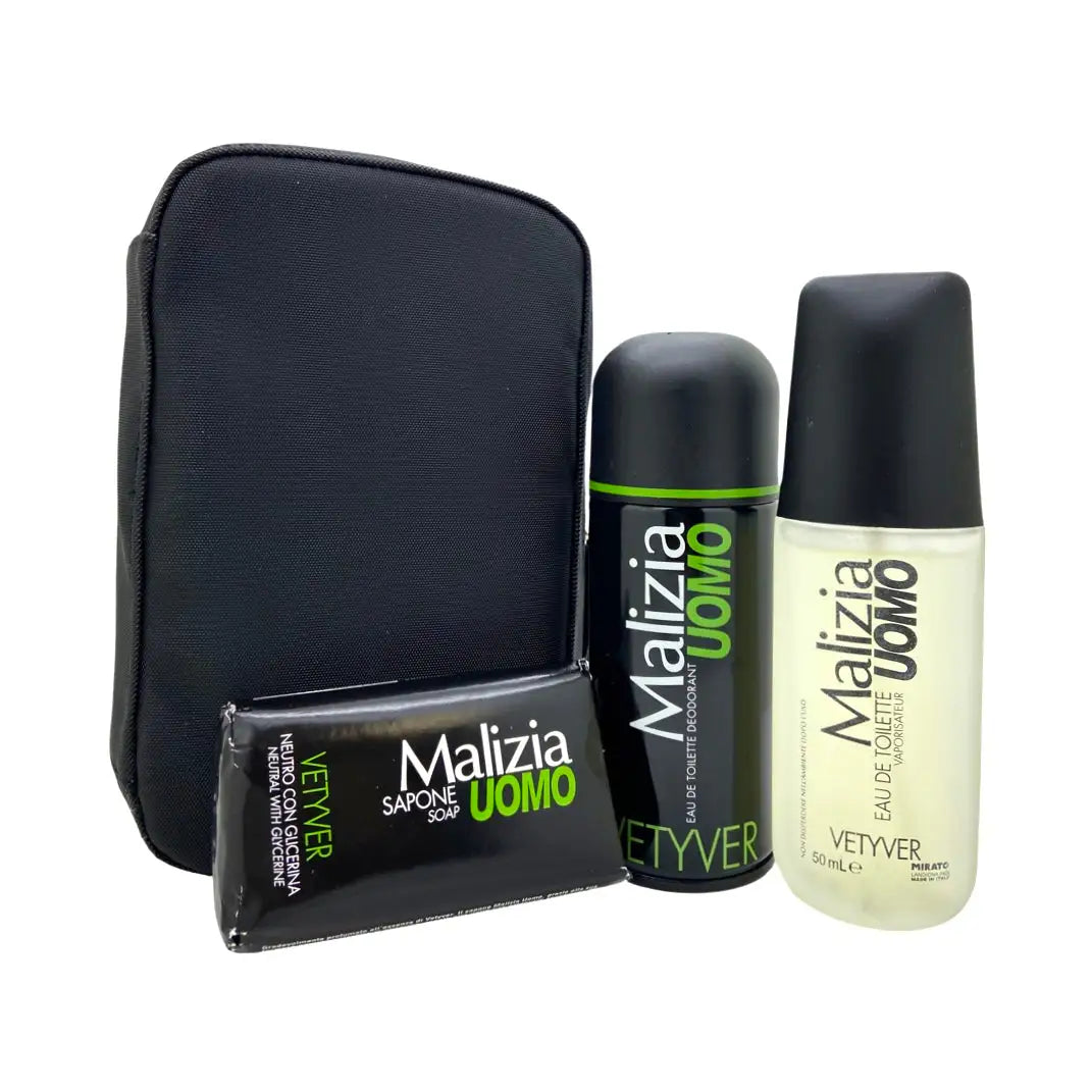 Malizia Uomo Vetyver Mirato Pour Homme Eau de Toilette  50 ml / 1.7 oz Ensemble Cadeau Trois Produits      MIRATO